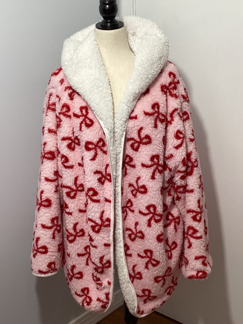 NWT JOLIE & JOY 3X REVERSIBLE PINK WITH RED BOWS HOODED FLEECE CARDIGAN